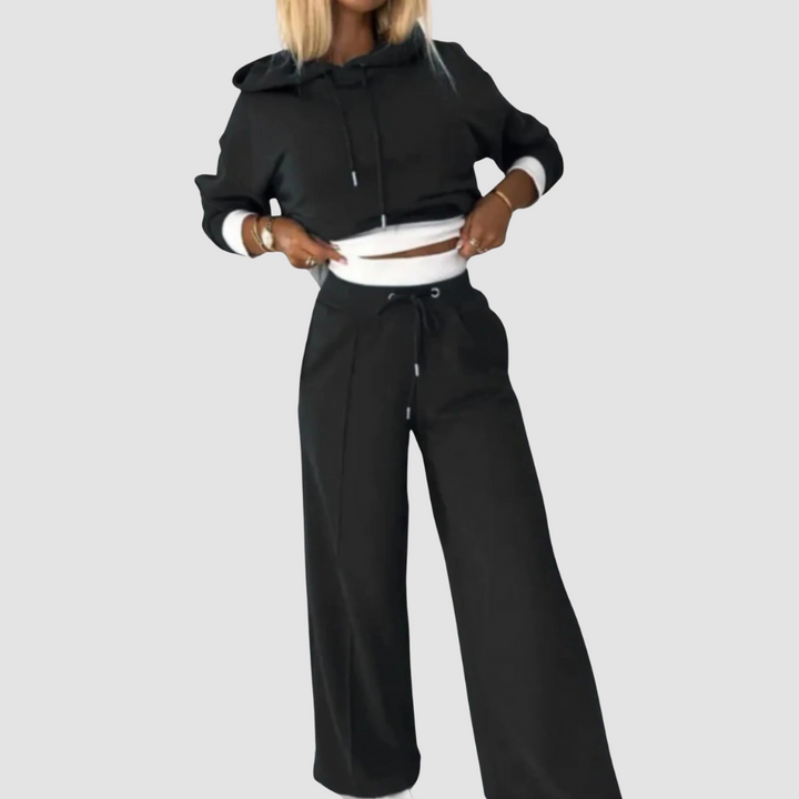 2-piece set: two-tone cropped hoodie and adjustable waist jogging pants