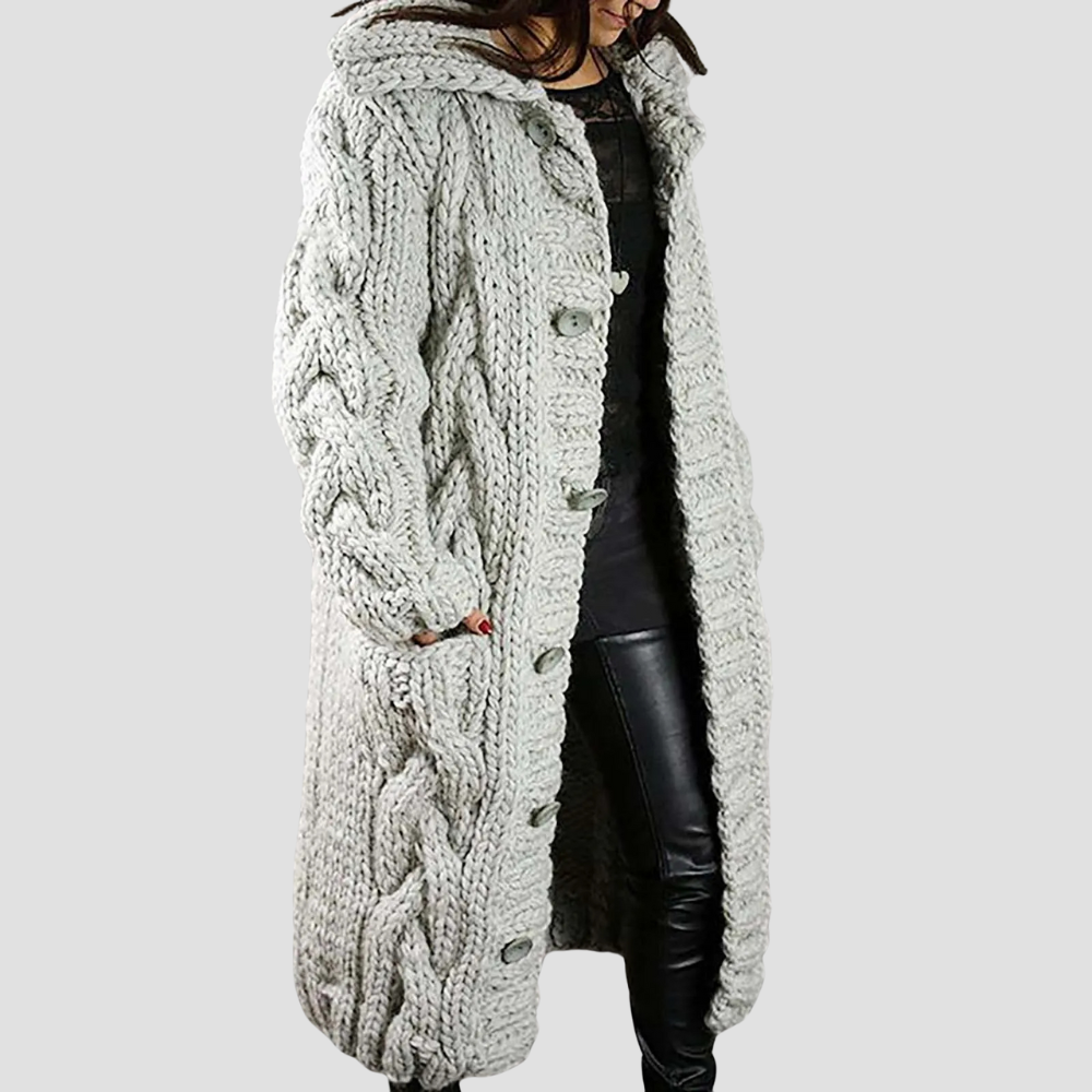 Women’s Chunky Knit Hooded Cardigan Coat, Long Cable Knit Sweater Jacket with Buttons