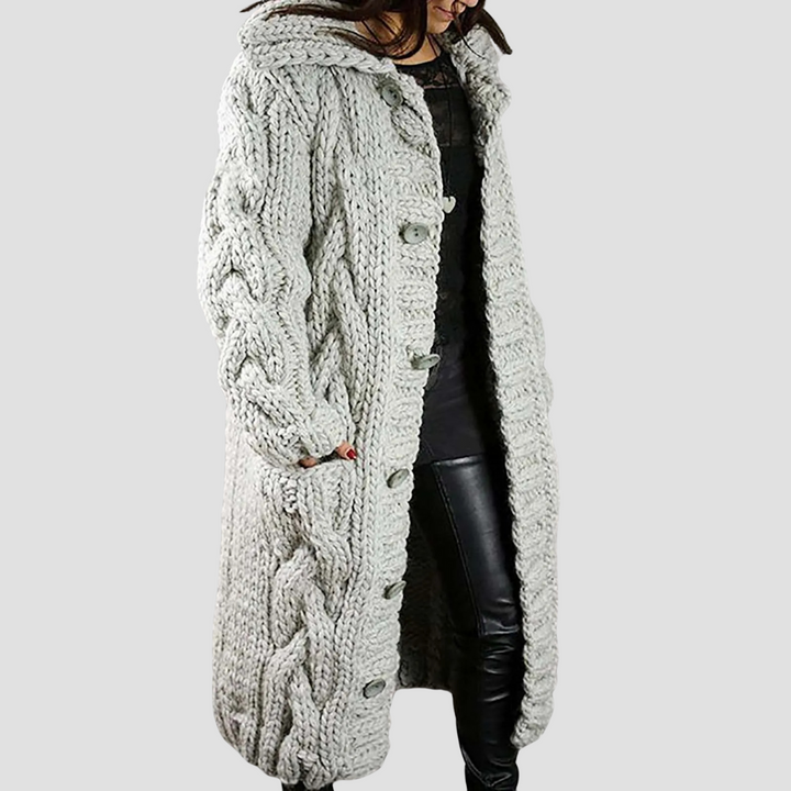 Women’s Chunky Knit Hooded Cardigan Coat, Long Cable Knit Sweater Jacket with Buttons