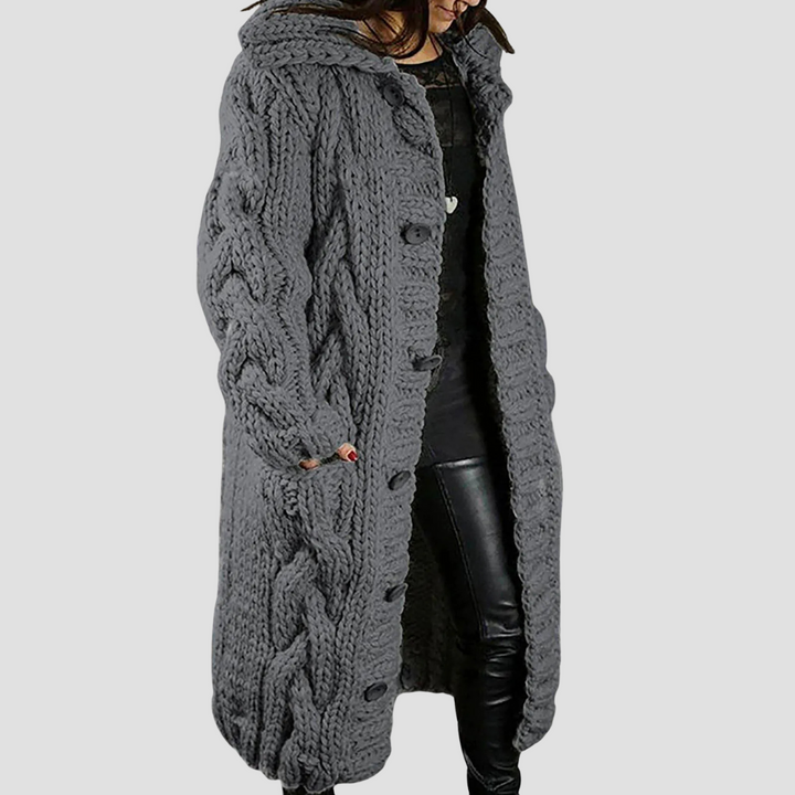 Women’s Chunky Knit Hooded Cardigan Coat, Long Cable Knit Sweater Jacket with Buttons